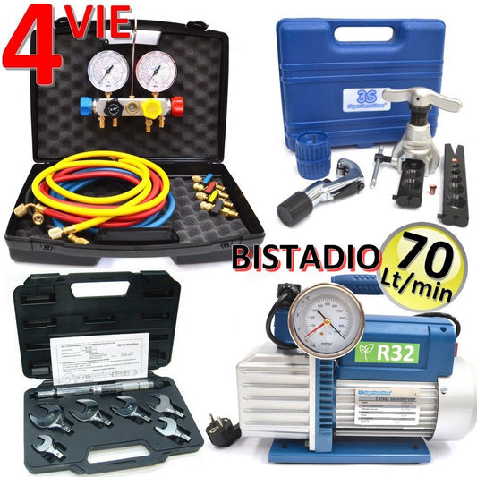 Professional air conditioning kit - 70 Lt R32 pump, set of 4-way pressure gauges, flare tool and torque wrench