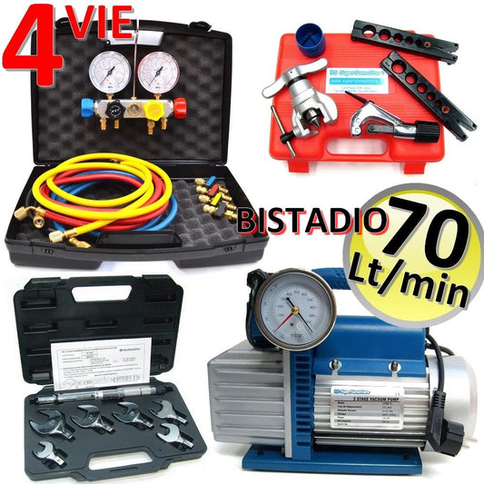 Professional air conditioning kit - 70 Lt pump, set of 4-way pressure gauges, flaring tool and torque wrench