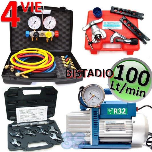 Professional kit with 100 Lt two-stage pump approved for R32 gas, set of 4-way pressure gauges, flaring tool and torque wrench