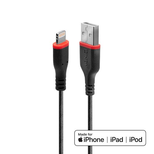 LINDY REINFORCED USB A to LIGHTNING CHARGING CABLE, 1m