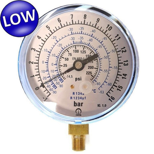 Low pressure gauge specifically for R134A - R1234YF gas in motor vehicles
