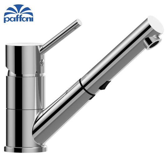 Single-hole kitchen sink mixer with swivel spout and pull-out cylindrical shower - BIRILLO Paffoni