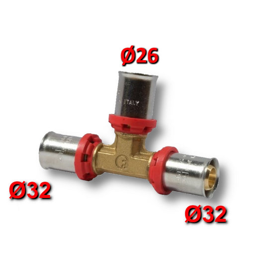 Multistrato pressare - Raccordo a TEE ridotto Ø 32 x 26 x 32 mm