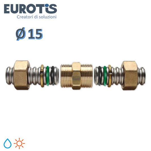 Nipplo manicotto giunto Ø 15 filettato in ottone ad innesto rapido con doppio o-ring per acqua e solare - Eurotis