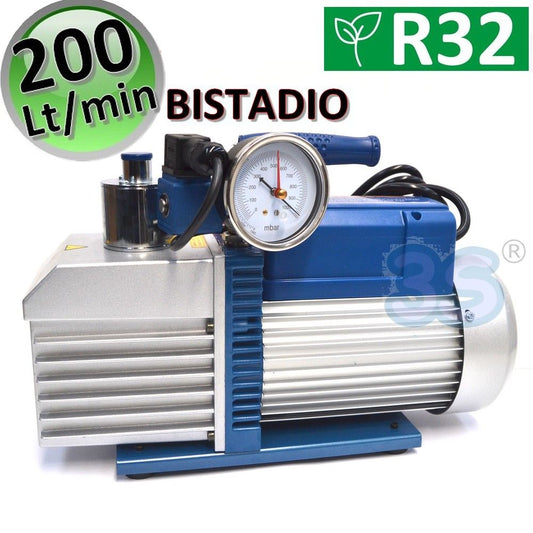 Two-stage vacuum pump with solenoid valve and vacuum gauge 200 L/min for R32 R1234YF gas systems