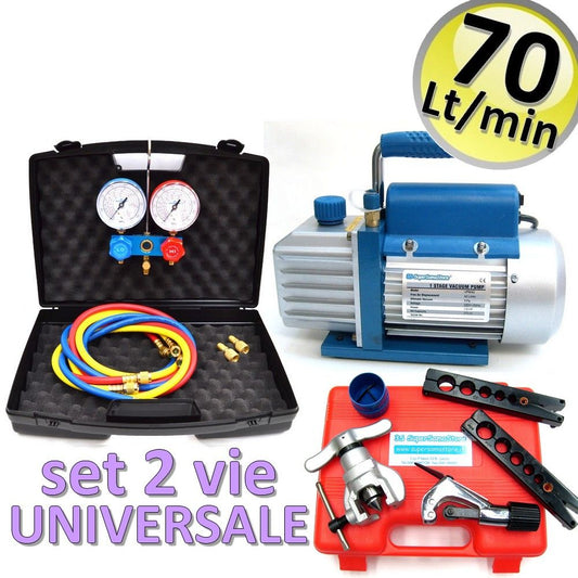 Vacuum pump 70 Lt/min + 2-way pressure gauge set + friction flaring tool