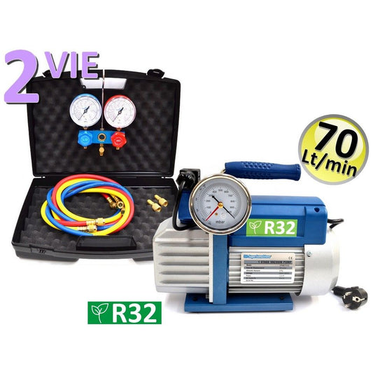 70 Lt R32 approved vacuum pump + universal 2-way pressure gauge set