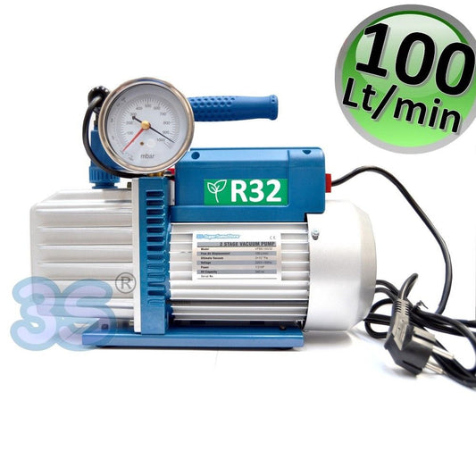 Two-stage vacuum pump 100 L/min with solenoid valve and vacuum gauge - approved for R32 gas