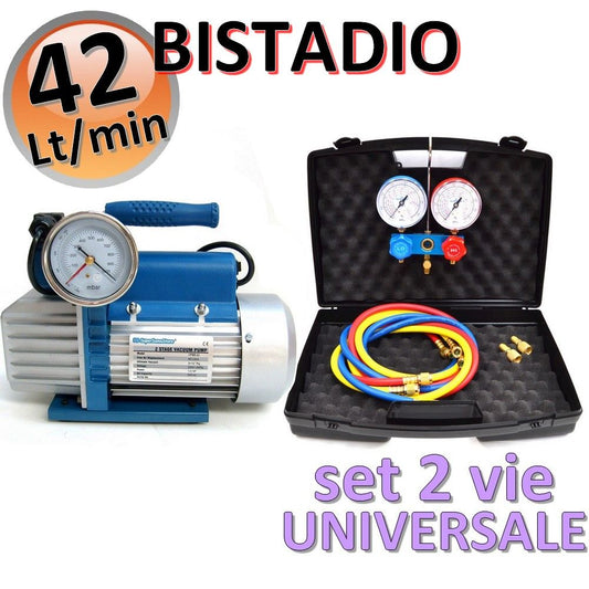 42 Lt two-stage vacuum pump + universal 2-way pressure gauge set