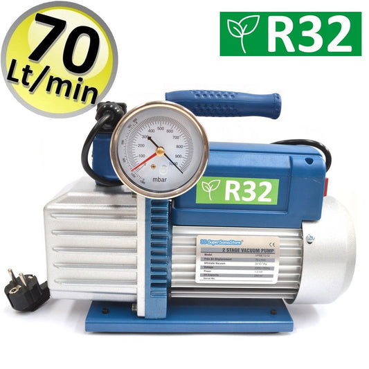 Two-stage vacuum pump 70 L/min for R32 R1234YF gas systems - vacuum gauge and solenoid valve