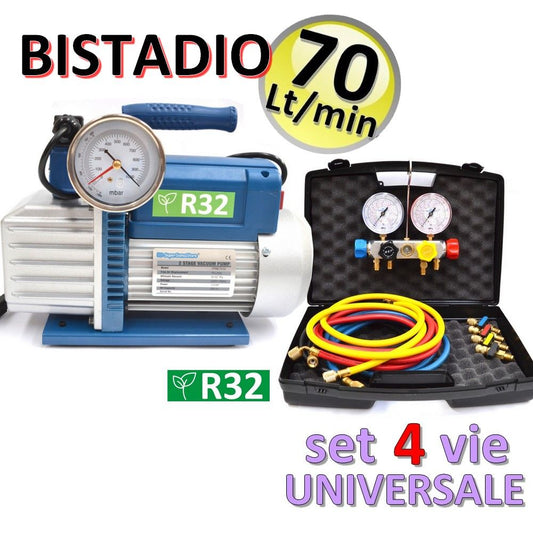 70 Lt two-stage vacuum pump, R32 approved + universal 4-way pressure gauge set