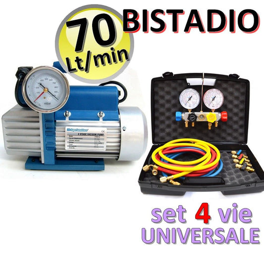 70 Lt two-stage vacuum pump + universal 4-way pressure gauge set