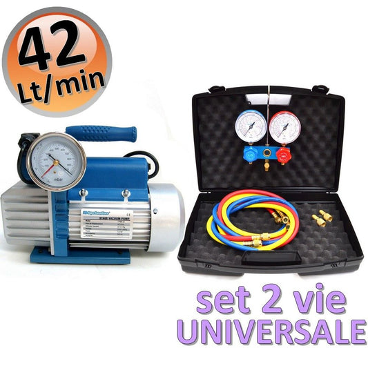 42 Lt single-stage vacuum pump with solenoid valve + universal 2-way pressure gauge set