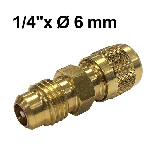 Raccordo dritto in ottone 1/4'' SAE x Ø 6 mm ODS con valvolina premispillo e tappo