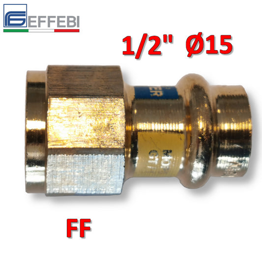 Raccordo in bronzo dritto Femmina 1/2'' x Ø 15 mm - rame a pressare UNICO per acqua e gas