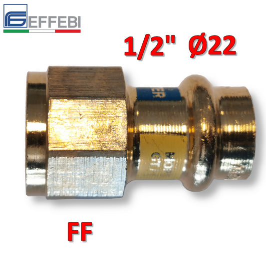Raccordo in bronzo dritto Femmina 1/2'' x Ø 22 mm - rame a pressare UNICO per acqua e gas