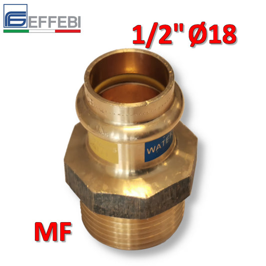 Raccordo in bronzo dritto Maschio 1/2'' x Ø 18 mm - rame a pressare UNICO per acqua e gas