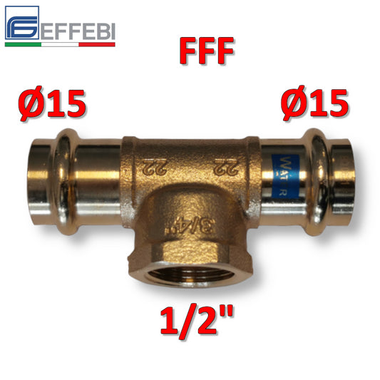 Raccordo T tee in bronzo Ø 15 x F 1/2'' x 15 mm - rame a pressare UNICO per acqua e gas