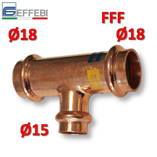 Raccordo tee T ridotto FFF Ø 18x15x18 mm - rame a pressare UNICO per acqua e gas