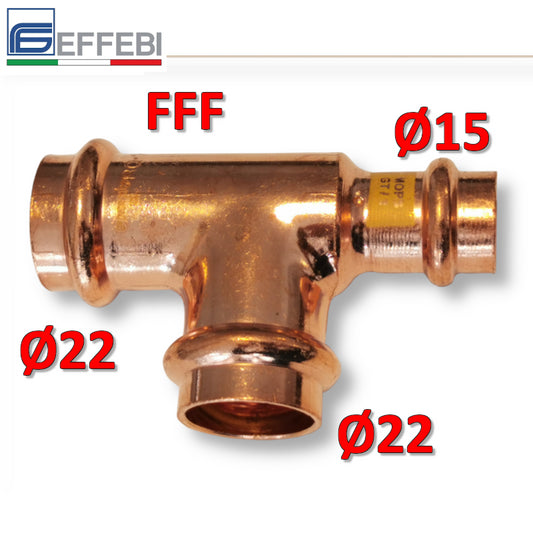 Raccordo tee T ridotto FFF Ø 22x22x15 mm - rame a pressare UNICO per acqua e gas