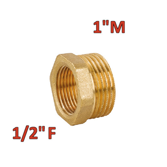 Brass hex reducer with 1'' male x 1/2'' female connection