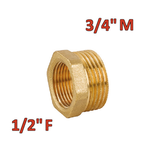 Brass hexagonal reduction with 3/4'' male x 1/2'' female connection