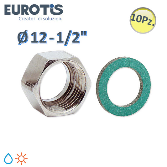 Set of 10 pcs Ø 12 - 1/2'' nickel-plated brass nut with special seat and gasket - Eurotis