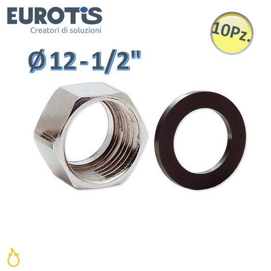 Set of 10 pcs Ø 12 - 1/2'' nickel-plated brass nut with special seat and NBR gasket for gas - Eurotis