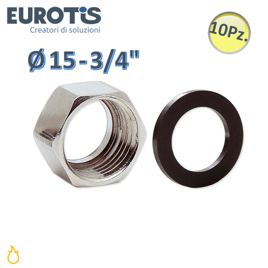 Set of 10 pcs Ø 15 - 3/4'' nickel-plated brass nut with special seat and NBR gasket for gas - Eurotis