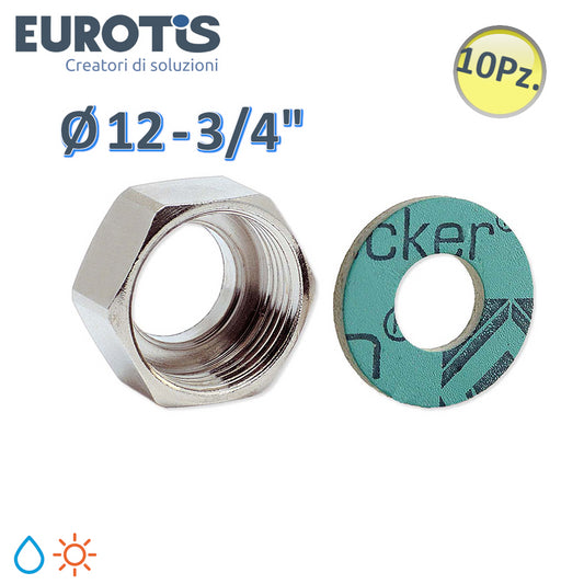 Set of 10 pcs Reduced nut Ø 12 - 3/4'' in nickel-plated brass with special seat and flat gasket CENTELLEN - Eurotis