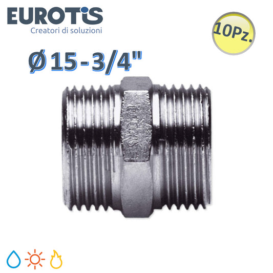 Set of 10 nipples Ø 15 - 3/4'' M/M in nickel-plated brass with flat end for solar water and gas - Eurotis