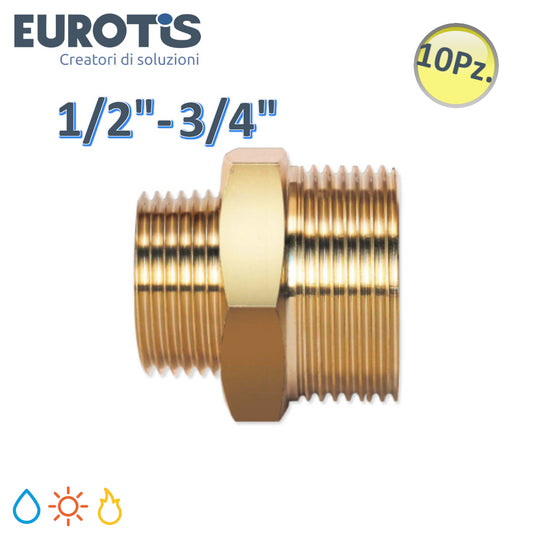 Set of 10 reduced nipples Ø 12-15 | 1/2'' - 3/4'' M/M in nickel-plated brass with flat end for solar water and gas - Eurotis