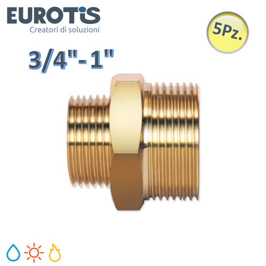 Set 5 pz Nipplo niples ridotto Ø 15-20 | 3/4'' - 1'' M/M in ottone nichelato battuta piana per acqua solare e gas - Eurotis