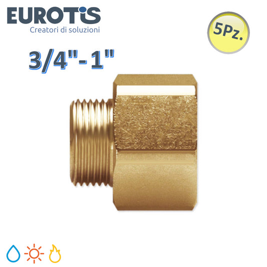 Set 5 pz Riduzione niples ridotto Ø 15-20 | M 3/4'' x F 1'' in ottone nichelato battuta piana per acqua solare e gas - Eurotis