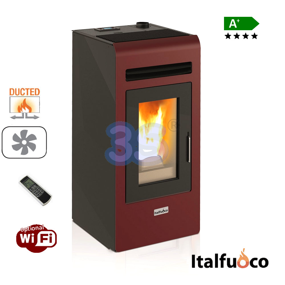 Stufa a pellet canalizzata Italfuoco Cayenne 16Kw - 380/400 m³ bordeaux con telecomando e 2 uscite dell'aria