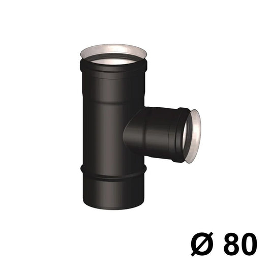 Black female tee fitting for pellet stove Ø 80 mm