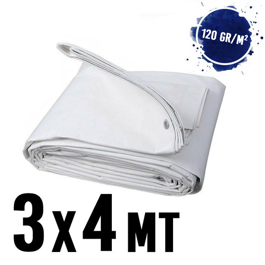 Waterproof tarpaulin with eyelets, 3x4 m, WHITE - 120 g/m²
