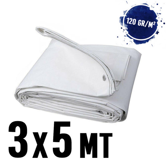 Waterproof tarpaulin with eyelets, 3x5 m, WHITE, 120 g/m²