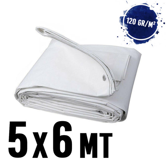 Waterproof tarpaulin with eyelets, 5x6 m, WHITE, 120 g/m²