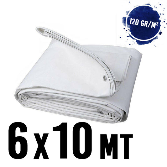 Waterproof tarpaulin with eyelets, 6 x 10 m, WHITE, 120 g/m²
