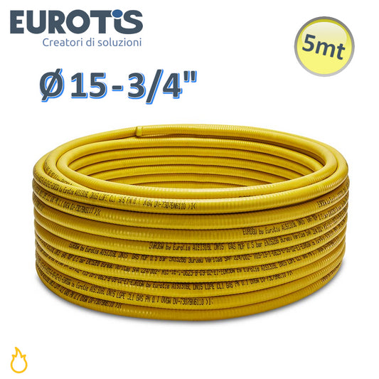 Tubo corrugato Ø 15 - 3/4'' - 0,30 mm - 5 mt formabile giallo CSST in acciaio inox per gas in LDPE - Eurotis