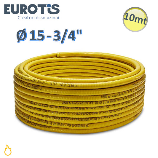Tubo corrugato Ø 15 - 3/4'' - 0,30 mm - L. 10 mt formabile giallo CSST in acciaio inox per gas in LDPE - Eurotis