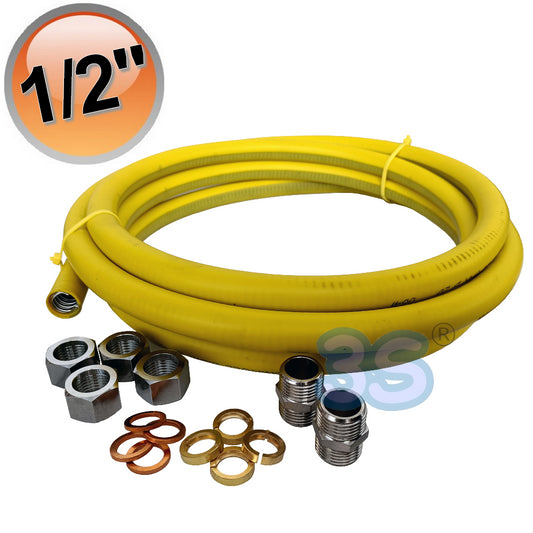 4m flexible stainless steel gas hose with 1/2'' connections including 4 self-flaring female fittings