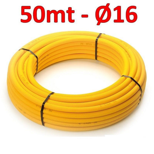 Multilayer gas pipe Ø 16 x 2 mm pre-insulated with yellow corrugated sheath - 50 metre roll
