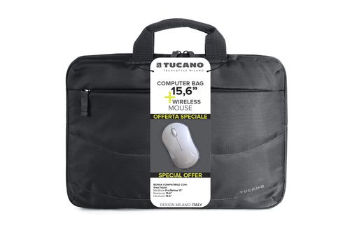 TUCANO BORSA + MOUSE WIRELESS (BORSA SLIM PER NOTEBOOK DA 15,6", TRACOLLA COLORE NERO + MOUSE WIRELESS COLORE BIANCO)