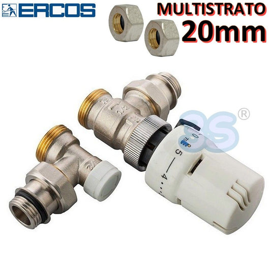 Ercos 1/2" square valve and lockshield with thermostatic head and adapters for 20x2mm multilayer pipe