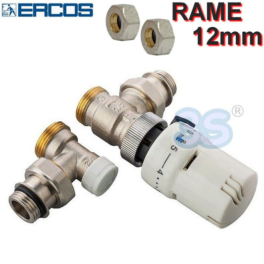 Ercos 1/2" square valve and lockshield with thermostatic head and adapters for 12x2mm copper pipe
