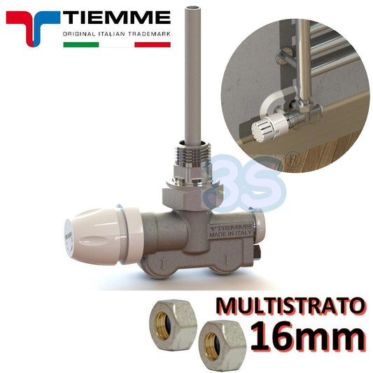 TIEMME 1/2'' single/double pipe valve with 16 mm multilayer adapters - angled connections for towel warmers